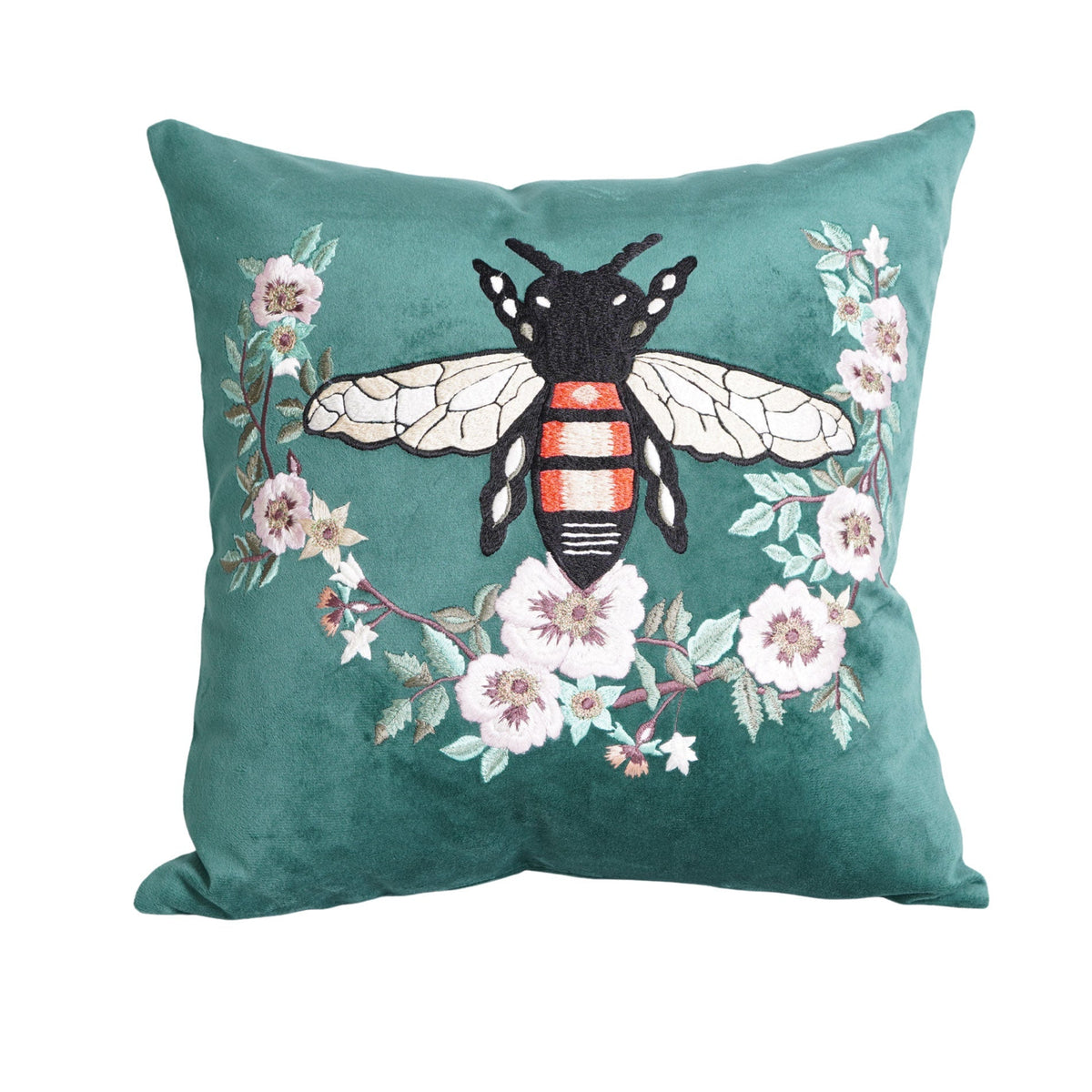 Sea Green Designer Cushion – Bee & Floral Embroidery