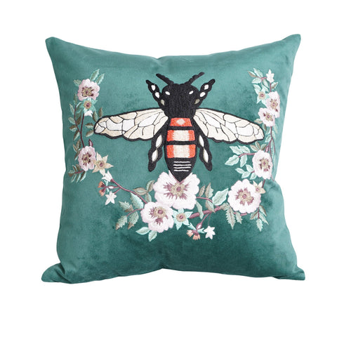 Sea Green Designer Cushion – Bee & Floral Embroidery