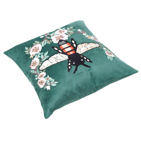 Sea Green Designer Cushion – Bee & Floral Embroidery