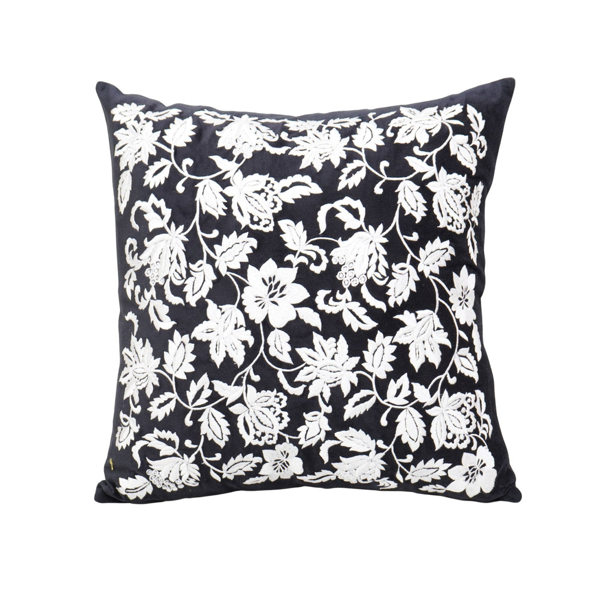 Black Designer Cushion – White Floral Thread Embroidery