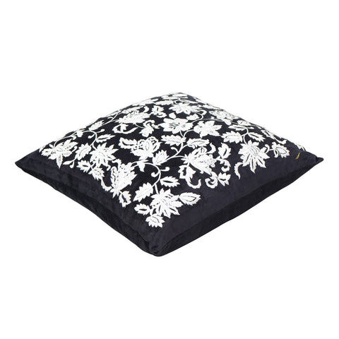 Black Designer Cushion – White Floral Thread Embroidery