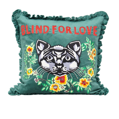 Sea Green Designer Cushion – Ruffle Border with Text & Tiger Print