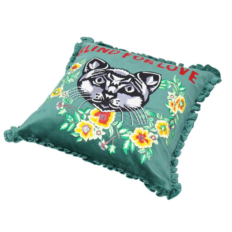 Sea Green Designer Cushion – Ruffle Border with Text & Tiger Print